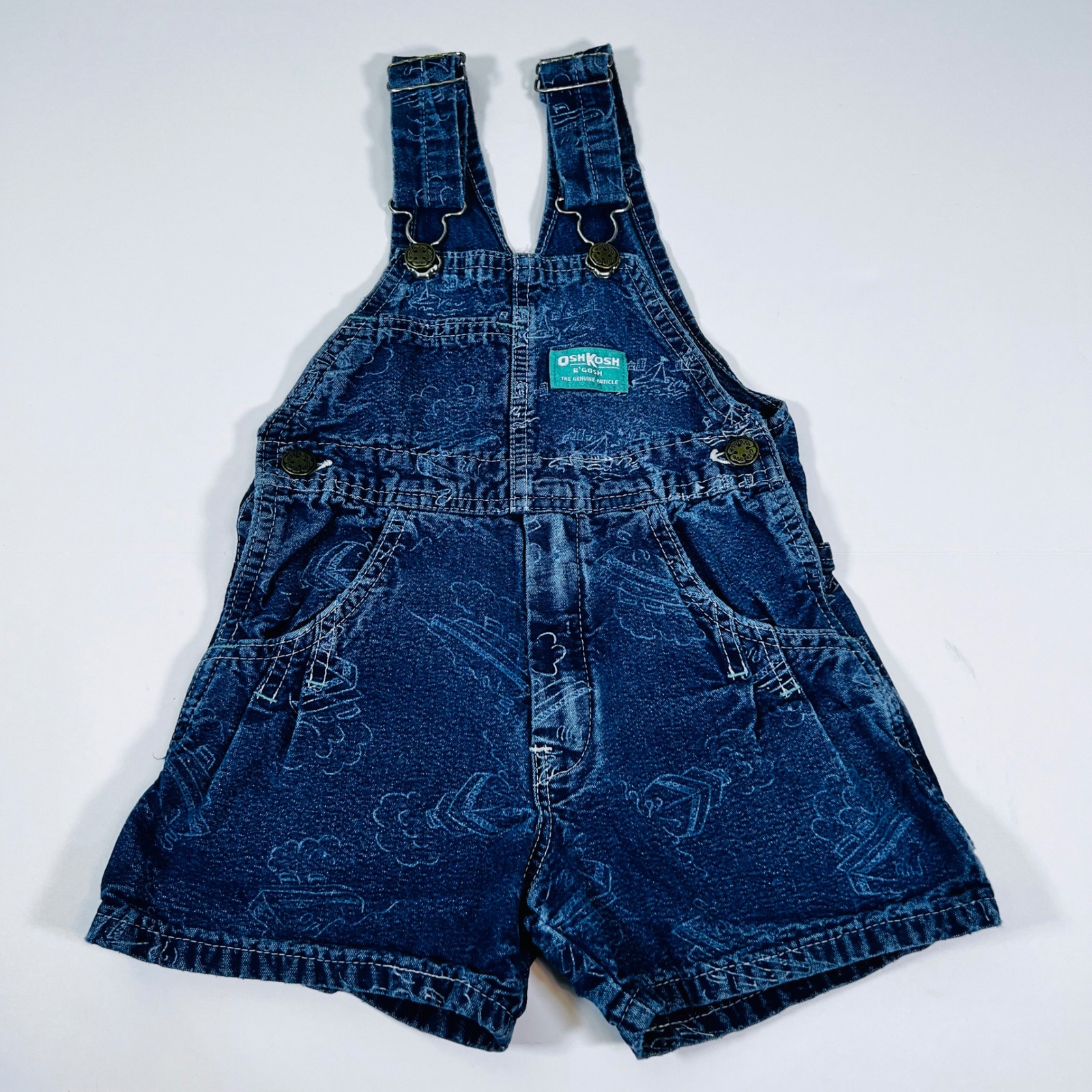 Vintage Oshkosh B'gosh Usa Denim Overall Shorts Kids Size 4 Nautical Sail Boat